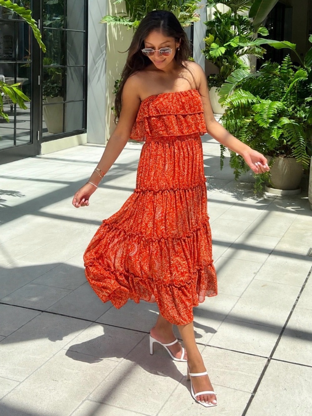 1. State Women's Strapless Ruffle Tiered Bright Coral Paisley Maxi Dress XL EUC